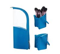 couragejoy Travel Make-up Brush Holder Organizer Bag,Clear Plastic&Oxford Cosmetic Zippered Case,Portable Waterproof Stand-Up Makeup Brush Pouch, blue, Leisure