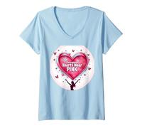 Courageous Hearts Wear Pink Butterfly Hope Empowerment V-Neck T-Shirt, Women, Baby Blue, S