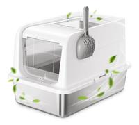 COURPAL® Stainless Steel Cat Litter Box with Lid - XL Large Covered Litter Tray with High Enclosure - Enclosed Open Adjustable Top Front 2 Exit Hooded Litter Pan - Odour Free | Easy Clean | Non-Stick