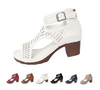 Court Sandals for Womens Wide Fit Leather Chunky Heel Shoes Summer Outdoor Ankle Buckle Anti-Slip Fashion Holiday Sandals Comfy Orthopedic Walking Casual Shoes with Arch Support Footwear
