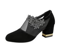 Court Shoes for Womens UK Pointed Toe Thick Mid Heel Sexy Mesh Shoes Ladies Pumps Ankle Strap Dress Sandals Black