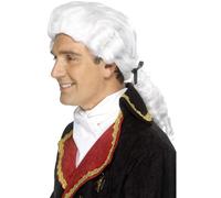 Court Wig White Black Ribbon & Ringlets Adult Mens Smiffys Fancy Dress Costume