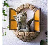 Courtyard Dragon Sculpture Wall Decoration,Lovely Resin Garden Dragon Statue, Little Dragon Meditating in Front of The Window Art Figurines Decor Ornaments for Patio Yard