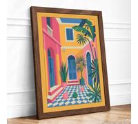Courtyard in Colour Modern Framed Wall Art Print A1 (84.1×59.4cm) Walnut, Wall Decor for Living Room, Bedroom, Office & Home, Ready to Hang, Art Gift