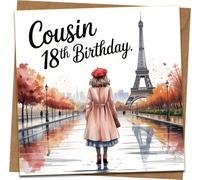 Cousin 18th Birthday Card for Her - Paris Eiffel Tower Design - 145mm x 145mm Square Greeting Card with Kraft Envelope - Cute Female Cousin 18th Birthday, Blank Inside