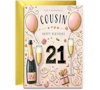 Cousin 21st Birthday Card - Champagne and Balloons design - Elegant Birthday Card for Her Age 21 with lovely verse inside. A5 with Gold Envelope