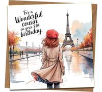Cousin 21st Birthday Card - Paris Eiffel Tower Illustration, Red Beret Girl - Square 145mm x 145mm - Premium Greeting Card with Kraft Envelope