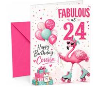 Cousin 24th Birthday Card Flamingo on Roller Skates & Balloons | Large A5 Card with Printed Inside Message; Bright pink and teal flamingo on roller skates for Cousin 24th Birthday