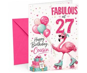 Cousin 27th Birthday Card Flamingo on Roller Skates & Balloons | Large A5 Card with Printed Inside Message; Bright pink-and-teal for Cousin 27th Birthday