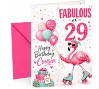 Cousin 29th Birthday Card Fabulous Flamingo on Roller Skates | Large A5 Card with Printed Inside Message; Cheerful flamingo-on-skates with pastel balloons for Cousin 29th Birthday
