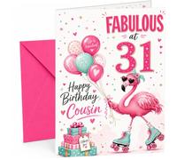 Cousin 31st Birthday Card Fabulous Flamingo on Roller Skates | Large A5 Card with Printed Inside Message; Cheerful flamingo on roller skates with balloons for Cousin 31st Birthday