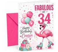 Cousin 34th Birthday Card Flamingo on Roller Skates & Balloons | Large A5 Card with Printed Inside Message; Flamingo on Roller Skates & Balloons for Cousin 34th Birthday