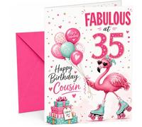 Cousin 35th Birthday Card Fabulous Flamingo on Roller Skates | Large A5 Card with Printed Inside Message; Cheerful flamingo in heart sunglasses on roller skates for Cousin 35th Birthday