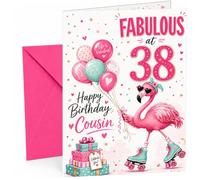 Cousin 38th Birthday Card Fabulous Flamingo on Roller Skates | Large A5 Card with Printed Inside Message; Cheerful pink flamingo on roller skates with balloons for Cousin 38th Birthday
