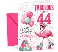 Cousin 44th Birthday Card Flamingo on Roller Skates & Balloons | Large A5 Card with Printed Inside Message; Playful flamingo-on-roller-skates with balloons, confetti for Cousin 44th Birthday