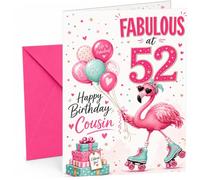 Cousin 52nd Birthday Card Flamingo on Roller Skates & Balloons | Large A5 Card with Printed Inside Message; Cheerful pink flamingo on roller skates with balloons for Cousin 52nd Birthday