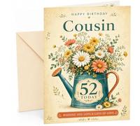 Cousin 52nd Birthday Card Floral Watering Can Bouquet | Large A5 Card with Printed Inside Message; Vintage teal watering can filled with daisies for Cousin 52nd Birthday