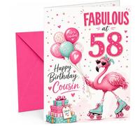 Cousin 58th Birthday Card Fabulous Flamingo on Roller Skates | Large A5 Card with Printed Inside Message; Cheerful flamingo-on-roller-skates with balloons for Cousin 58th Birthday