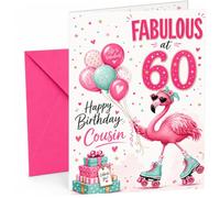 Cousin 60th Birthday Card Flamingo on Roller Skates & Balloons | Large A5 Card with Printed Inside Message; Bright pink flamingo on roller skates for Cousin 60th Birthday
