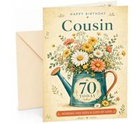 Cousin 70th Birthday Card Watering Can with Daisy Bouquet | Large A5 Card with Printed Inside Message; Vintage teal watering can filled with daisies for Cousin 70th Birthday