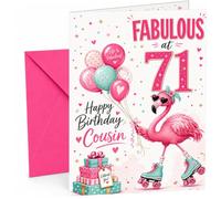 Cousin 71st Birthday Card Fabulous Flamingo on Roller Skates | Large A5 Card with Printed Inside Message; Cheerful pink flamingo on roller skates with balloons for Cousin 71st Birthday