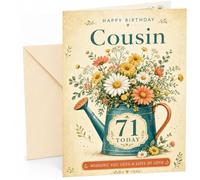 Cousin 71st Birthday Card Watering Can Wildflower Bouquet | Large A5 Card with Printed Inside Message; Vintage teal watering can filled with daisies for Cousin 71st Birthday