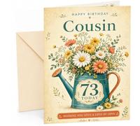 Cousin 73rd Birthday Card Watering Can Wildflower Bouquet | Large A5 Card with Printed Inside Message; Vintage teal watering can illustration filled for Cousin 73rd Birthday
