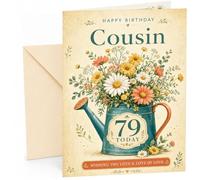 Cousin 79th Birthday Card Floral Watering Can Bouquet | Large A5 Card with Printed Inside Message; Teal watering can illustration filled with wildflowers for Cousin 79th Birthday