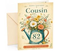 Cousin 82nd Birthday Card Watering Can Wildflower Bouquet | Large A5 Card with Printed Inside Message; Teal watering can illustration filled with wildflowers for Cousin 82nd Birthday