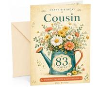 Cousin 83rd Birthday Card Floral Watering Can Daisies | Large A5 Card with Printed Inside Message; Teal watering can filled with daisies and wildflowers for Cousin 83rd Birthday