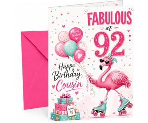 Cousin 92nd Birthday Card Flamingo on Roller Skates & Balloons | Large A5 Card with Printed Inside Message; Cheerful flamingo in heart sunglasses on roller skates for Cousin 92nd Birthday