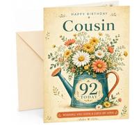 Cousin 92nd Birthday Card Watering Can Wildflower Bouquet | Large A5 Card with Printed Inside Message; Teal watering can filled with wildflowers and daisies for Cousin 92nd Birthday