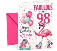 Cousin 98th Birthday Card Fabulous Flamingo on Roller Skates | Large A5 Card with Printed Inside Message; Cheerful confetti-and-balloons for Cousin 98th Birthday