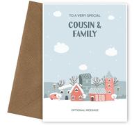 Cousin and Family Christmas Card - Personalised Xmas Greetings Card with a Cute Winter Village and Snowy Landscape - UK Made, Cousin and Family, Christmas Cards