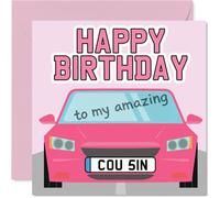 Cousin Birthday Card - Car Number Plate - Happy Birthday Card for Cousin from Family Relative, 145mm Car Number Plate Pink Bday Greeting Cards
