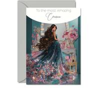 Cousin Birthday Card - Glamorous Beauty Fashion - Happy Birthday Card for Cousin from Family Relative, 5x7 Inch Sparkly Dress Bday Greeting Cards