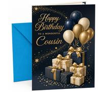 Cousin Birthday Card Gold Balloons and Gift Boxes on Navy | Large A5 Card with Printed Inside Message; Dark navy birthday with star confetti, balloons for Cousin Birthday