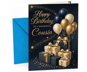 Cousin Birthday Card Gold Balloons and Gift Boxes on Navy | Large A5 Card with Printed Inside Message; Dark navy birthday with star confetti, balloons for Cousin Birthday