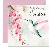 Cousin Birthday Card - Hummingbird Wishes - Happy Birthday Card for Cousin from Family Relative, 145mm Pink Floral Illustration Bday Greeting Cards