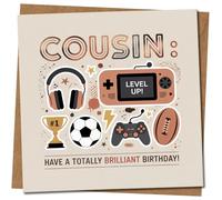 Cousin Birthday Card - Level Up Gaming Design, 145mm x 145mm Square, Includes Kraft Envelope