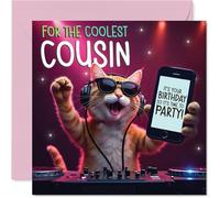 Cousin Birthday Card - Party DJ Cat - Happy Birthday Card for Cousin from Family Relative, 145mm deejay cat Bday Greeting Cards