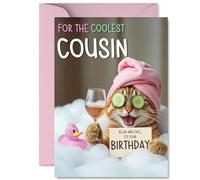Cousin Birthday Card - Relaxing Bath Cat - Happy Birthday Card for Cousin from Family Relative, A5 Joke Humour Bday Greeting Cards