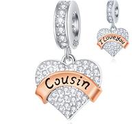 Cousin Charms Dangle fits Pandora Bracelet Bangle, 925 Sterling Silver I Love You Cousin Beads, Pave CZ Heart Pendant with Rose Gold Banner, Happy Birthday Gifts for Girl/Boy/Uncle