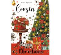 Cousin Christmas Card | Decorated Tree & Poinsettia Design | Premium Holiday Greeting Card
