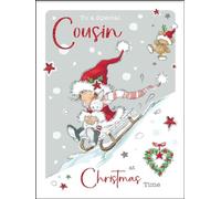 Cousin Christmas Card for Her - Special Cousin - Girl Sledging in the Snow - Artistic Festive Design - Special Finishes and Illustrated Insert Leaf - Made in the UK