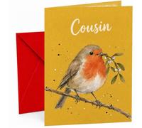 Cousin Christmas Card with Robin and Mistletoe Illustration