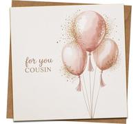 Cousin Greeting Card - “For You” Balloons Design, Rose Gold Glitter Effect - 145mm x 145mm Square Celebration/Birthday Card with Kraft Envelope