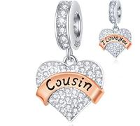 Cousin I Love You Heart Pendant Charms in 925 Sterling Silver, Fits Pandora Birthday Bracelet, Sparkle CZ Dangle Beads with Rose Gold Banner, Gift for Brother/Girl/Boy