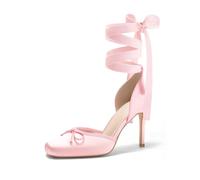 Coutgo Womens Ballet High Heels Satin Square Toe Bow Pumps Prom Dress Shoes | Closed Toe Ballerina Heels, Sexy 3.7-In Stiletto, Lace Up, Strappy, Party, Night Club