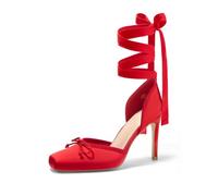 Coutgo Womens Ballet High Heels Satin Square Toe Bow Pumps Prom Dress Shoes | Closed Toe Ballerina Heels, Sexy 3.7-In Stiletto, Lace Up, Strappy, Party, Night Club